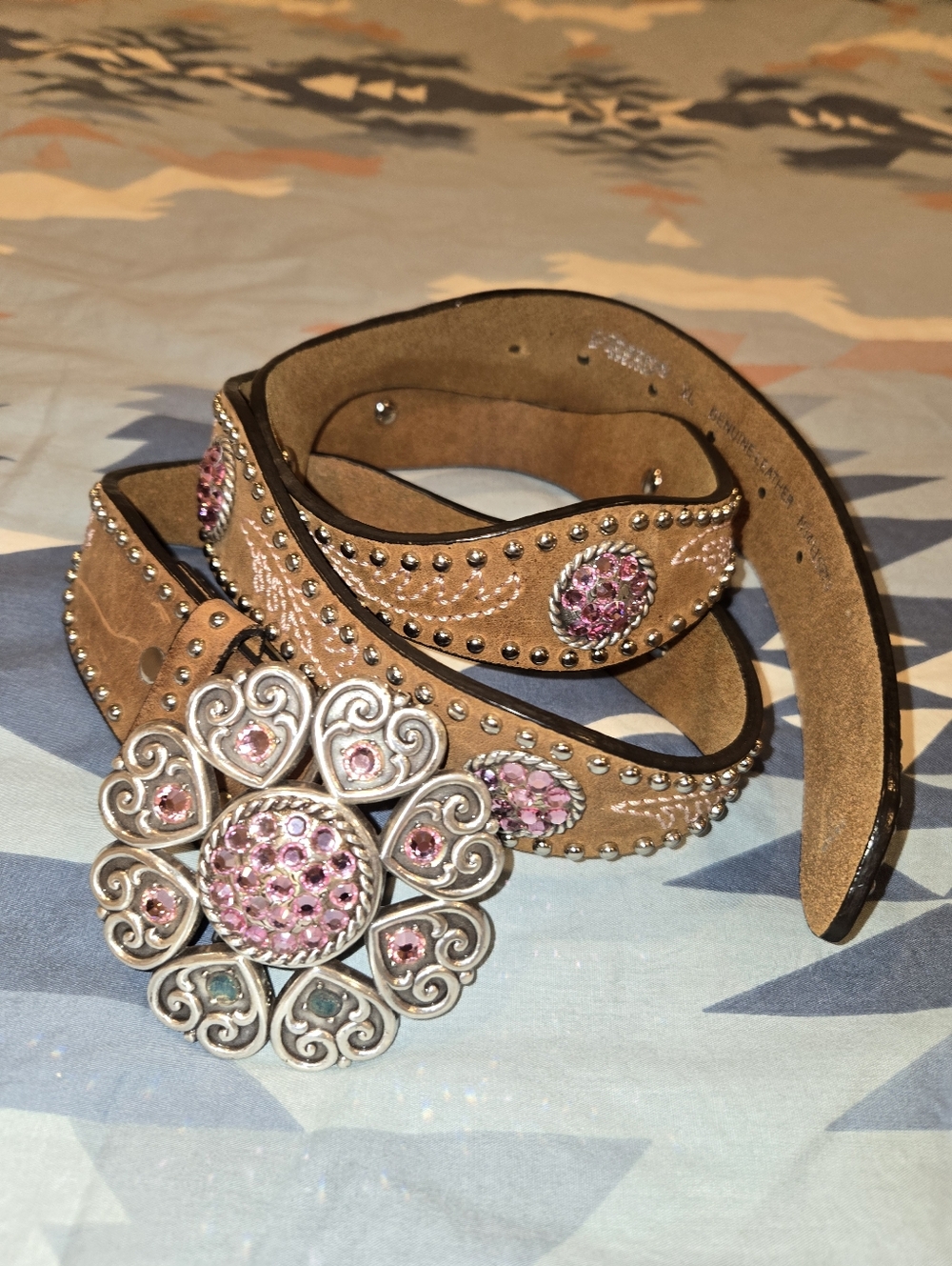Nocona Women's Tan Scalloped Leather Belt with Pink Crystal Concho Size: XL